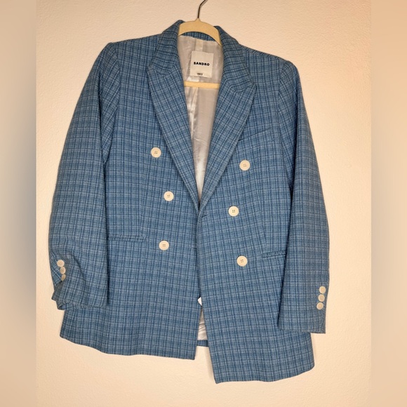 SANDRO Paris Blue Tweed Double Breasted Blazer Size 36 US 4/Small - Picture 7 of 16